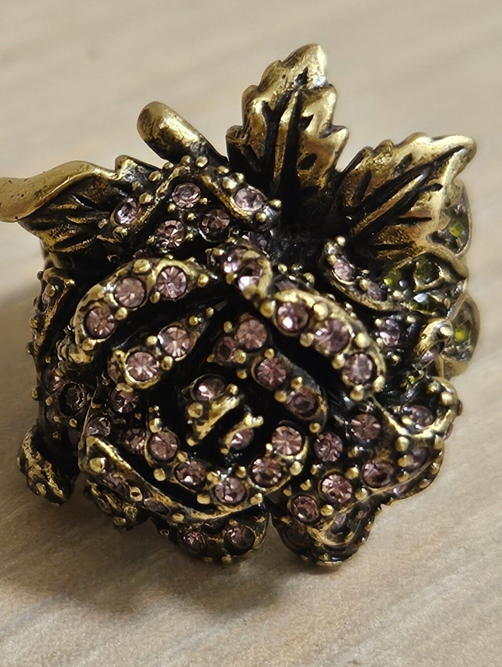 VINTAGE Heidi Daus Rose Elegance Ring Pink Green Cluster Crystals  Signed Size 8